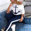 Pontas femininas de rastrear roupas de moda Ancoragem de barcos de verão impressão de retalhos de retalhos Casual BodyCon Casual Duas peças Combinando 240410