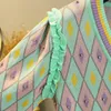 Luxury Beading Argyle Plaid Cardigan Top Women Summer Summer Short-Cinco de pechos solteros suéter Elegante Blusas 240410
