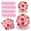 Juegos de vajilla 96 PCS Valentín Día de vajilla Tabla de mesa Impresión en color Platos de cumpleaños impermeables suministros de fiesta de flores rosadas Accesorios de cocina