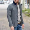 Kurtki męskie vintage Coat Office Blazar Striped Bohater Boczkowy kołnierz długi rękaw jesienna szara niebieska minimalistyczna moda