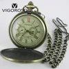 Luxury Two Subdials Mechanical Pocket Watch Hand Winding Bronze Alloy Skeleton Back FOB Chain Vintage Retro Roman Numeral Clock 240327