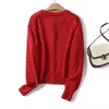 Kvinnors stickor Keyanketian 2024 Launch Red Short Knit Cardigan Spring Enkelt single breasted o-hals Lose Basic Thick tröja topp