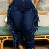 Plus size dagelijkse jeans denim fringe asymmetrische taille vracht jeans met zakvestidos para mujer 240315