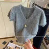 Gray Mohair gebreide trui t-shirt vrouwen zomer v-neck korte mouw zachte tees pullover casual vintage Koreaanse mode-tops 240410