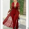 Plus size Winter Fashion Solid Jumpsuit Women Sexy Deep Vneck lange mouwen hoge taille TAKKE fitting broek Elegant 240410