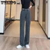 Frauen Jeans Frauen dicker Dehnungsreiter Fleece Frau Hohe Taillenknopf schwarzer warmer Vintage Denim gerade koreanische Hosen Winter