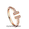 Top Grade Designer -ringen voor dames Tifancy Dubbele T Volledige diamantring S925 Puur verzilverde 18K Rose Gold Open set met diamant TS -stijl veelzijdige kristal