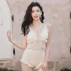 Swimwear femminile in stile coreano Donne spingendo il costume da bagno a v-collo a due pezzi set solido costume da bagno senza schienale