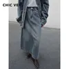 Sukienki robocze Chic Ven Korean Casual Denim Makiet Długa spódnica A-Line dla kobiet płaszcza moda