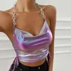 Women's Tanks Camis Womens Sexy Crop Top Holographic Wetlook Metal Chain Sling Camis Side Pull Club Party Dance Top Festival Clothing Y2k J240409