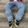 Men's Jeans Streetwear Men Motorcycle Loose Biker Trousers Male Hip Hop Stylish Stacked Spliced Straight Solid Denim Pants