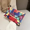 Avondtassen modekunst vrouwen koppelt plaid contrast kleur magnetische gesp kleine vierkante tas hoog kwaliteit pu casual regenboog envelop