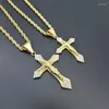 Colares pendentes Hip Hop Bling gelo da cor dourada de aço inoxidável INRI Crucifix Jesus Cruz Colar para Men Rapper Jewelry