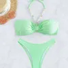 2024 New Bikini Swimsuit Green Split tira pendurada pescoço de maiô sexy para mulheres