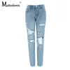 Jeans femminile 2024 Summer Woman High Waist Knee Rested Hole Pants Speed Street Denim Casual Straight Long Long