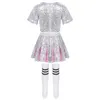 Kids Cheerleader Dancewear Shiny Sequins Crop Tops with Skirt Socks Outfit Girls Stage Performance Hip Hop Jazz Dance Costume