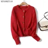 Kvinnors stickor Keyanketian 2024 Launch Red Short Knit Cardigan Spring Enkelt single breasted o-hals Lose Basic Thick tröja topp