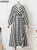 Casual Dresses Vonda Women Plaid Dress 2024 Long Lantern Sleeve Maxi Sundress Bohemian Loose V-ring Bandage Holida