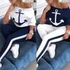 Pontas femininas de rastrear roupas de moda Ancoragem de barcos de verão impressão de retalhos de retalhos Casual BodyCon Casual Duas peças Combinando 240410