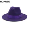 HOAREE Purple Wool Felt Jazz Fedora Chapeaux Men Femmes Wide Brim Sombrero Style britannique trilby Formal Panama Cap solide robe Hat 240322