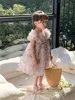 Sweet Kids Sweet Floral Stamping Chiffon Dresses Girls Wasleve Princess Abito 2024 Abbigliamento per feste di compleanno per bambini estivi Z7620