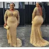 Gold Plus size avondjurken Lange mouwen Appliqued Sexy Backless Scoop Neck Mermaid Illusion Custom Made Sweep Train Formele prom feestjurk Vestidos 403 2024