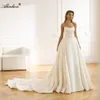 2024 Satin Fabric Boat Neck 2 In 1 Mermaid Wedding Dress Stunning Beading Pearls Lace Removable Train With Pleats Trumpet Bridal Gowns