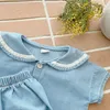 2023 Été Nouveau bébé Navy Collar vêtements Ensemble Kids Girls Girls Short Sleeve Denim Tops + Shorts 2pcs Suit mignon Baby Boy Denim tenues