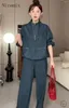 Kvinnors tvåbitar byxor koreanska mode denim Set Spring/Autumn Standing Neck Zipper Loose Causal Pullover Long Women Outfits