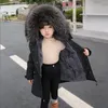 Hiver Kids Girls Real Fur Coat Warm Baby Rabbit Fur Veste pour filles épaisses fourrures à capuche longue manteau enfants Outwear TZ167