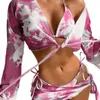 Frauen Badebekleidung 4pcs/Set Frauen sexy Bikini-Set Langarmabdeckung Tops Halfter BH Schnürschnüre Schwimmtangeln