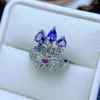 Klusterringar fs inlay naturlig tanzanite/diopside ring äkta silver s925 för kvinnor fina charm bröllop mode smycken med certifikat