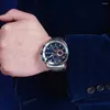 Armbandsur Megir Blue Dial Chronograph Sport Quartz Watches For Men's Fashion Rostfritt Steel Analog Male Luminous Hands