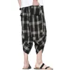 Men's Harem Pants Lightweight Elastic Waist Yoga Pants Striped Grid Wide Leg Baggy Linen Capri Beach Casual Pants Trousers