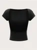 Damen O-Neck Rückenless T-Shirt Kurzschleise Feste Farb Crop Top Sommer Süßes Baby Tee Y2K Kleidung Bodycon Tunics Fashion Tank 240410
