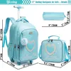 Childrens Wheeled Backpack Bag Set with Lunch Box School Rolling Wheels Trolley for Girls 240328