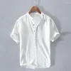 Mäns casual skjortor färsk vit kort ärmstativstativ tunn linne skjorta topp bomull och pullover halva