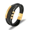 Simple Stainless Steel Leather Rope Bracelet Multi-layer Black Mens