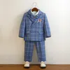 Barn Plaid Blue Wedding Suit Baby 1 Year Birthday Dress Prince Kids Jacket Pant Pograf Flower Boys Tuxedo Costume 240401