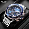 Montre-bracelets Megir Business Robe Watch Men Silver Blue Luminous Luminal Imperproof Chronograph Quartz Quartz Wrist Wrist with Innewless Steel Band Date