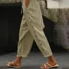 Calça feminina feminina calça casual saco de papel elástico cintura sólida cintura solta botão lateral de decoração bolso