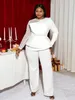 Women Plus Size Elegant Jumpsuit White Beaded Long Sleeve Tunics Wide Leg One Piece Outfits Rompers Curvy Ladies Chic Clothes 240410