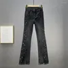 Frauen Jeans Damen hohe Taille schlafe geschlitzte Frauen Perlen -Strass -Flare -Hosen dünne elastische Denimhose Frühling Herbst