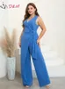 D M Womens Jumpsuit بالإضافة إلى حجم المرأة ملابس الزجاج الأزرق الفضل في عقدة العنق جانب النساء الطويل الأنيق 240410