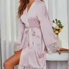 Nouveau style en dentelle satin patchwork nightgown kimono robe à manches longues sexy en dentelle complète en dentelle de bain de peignoir intime lingerie