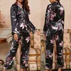 Satin 2 stycken Sovkläder med byxor Skriv ut Flower Nightwear V-Neck Pyjamas Pour Femme Casual Sleep Topsspants Suit Loungewear