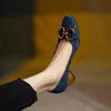 Kobiety sprężynowe pompki fasion francuskie retro kwadratowe palce szczotkowane metalowe średnie obcasy łódź żeńska slipon profesjonalne buty Mujer 240329