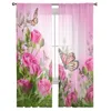 Pink Rose Flower Butterfly Curtain For Living Room Transparent Tulle Curtains Window Sheer For The Bedroom Accessories Decor