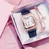 Montre-bracelets 2024 Square Luxury Diamond Femmes Watchs Set Cuir étanché