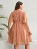 Plus Size Womens Dress Solid Color Wave Short Sleeve Dresses Elegant V Neck Waist Belt Office Lady Robe Summer Gown Clothing 240410